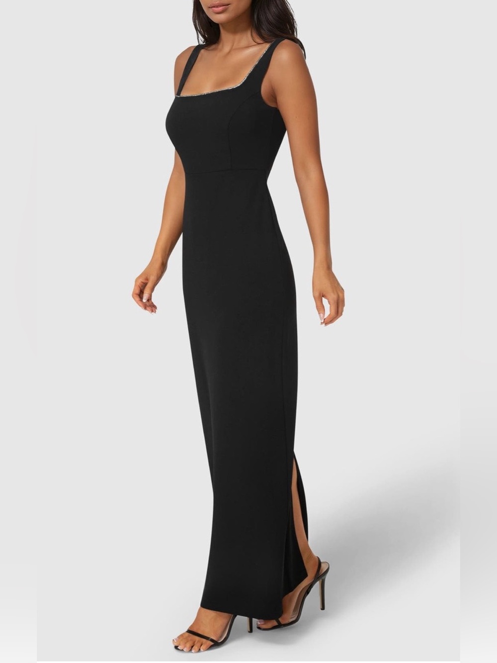 bebe Black Maxi Dress with rhinestone square neckline NWT